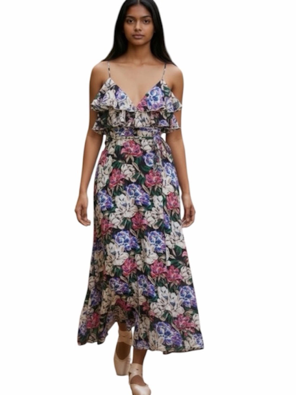 REVOLVE WAYF Black Floral Jamie Ruffle Wrap Maxi Gown Lace Up Back Size XS-Small